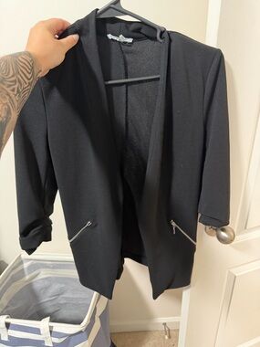 Black Open-Front Blazer with Zip Pockets